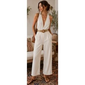 REVOLVE Woven Stretch Belt Wood Ring Buckle Coastal Boho Neutral 28-30 waist